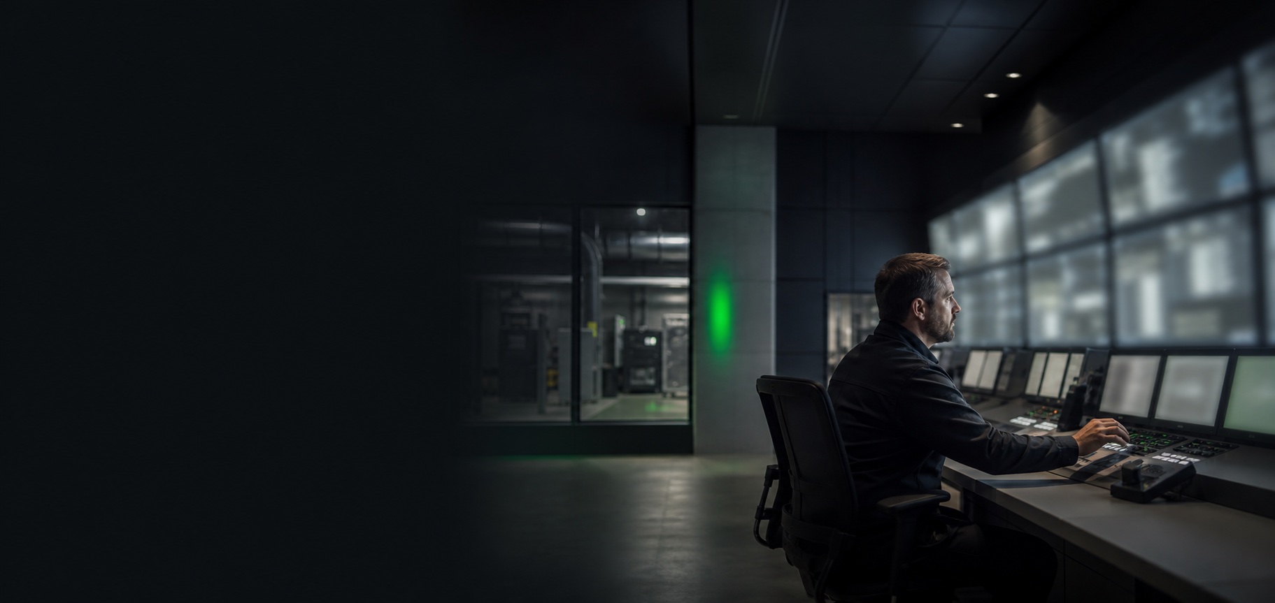 Facilities operator reviewing a decision in a modern building operations room