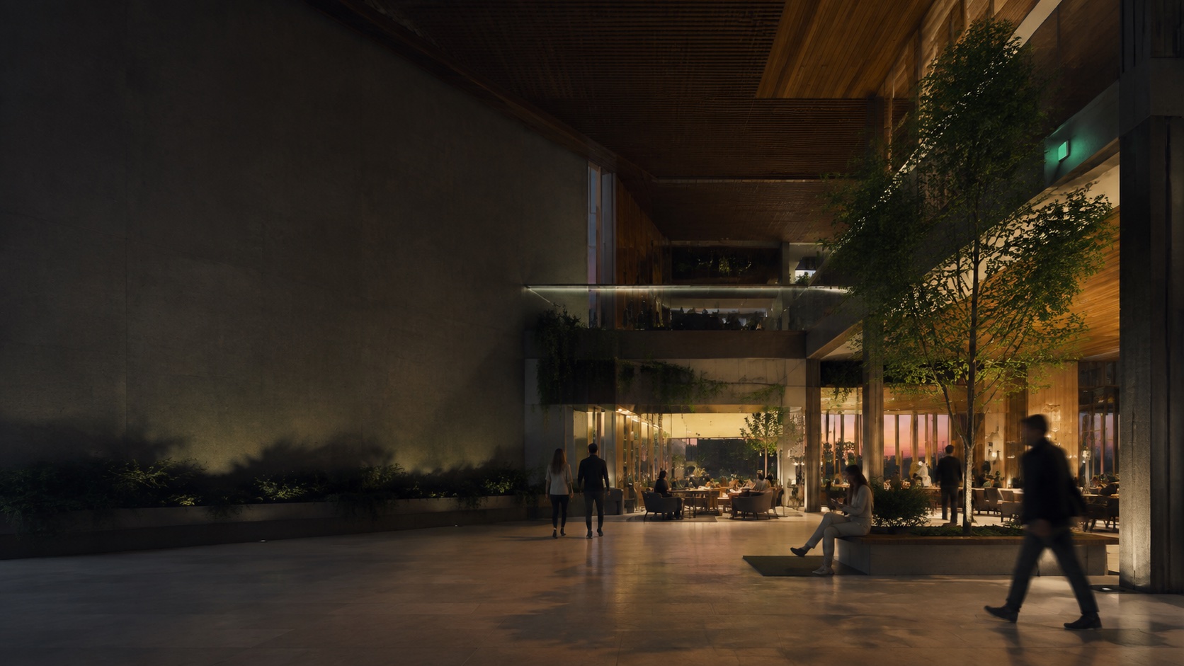 People moving naturally through a human-centered intelligent building at dusk