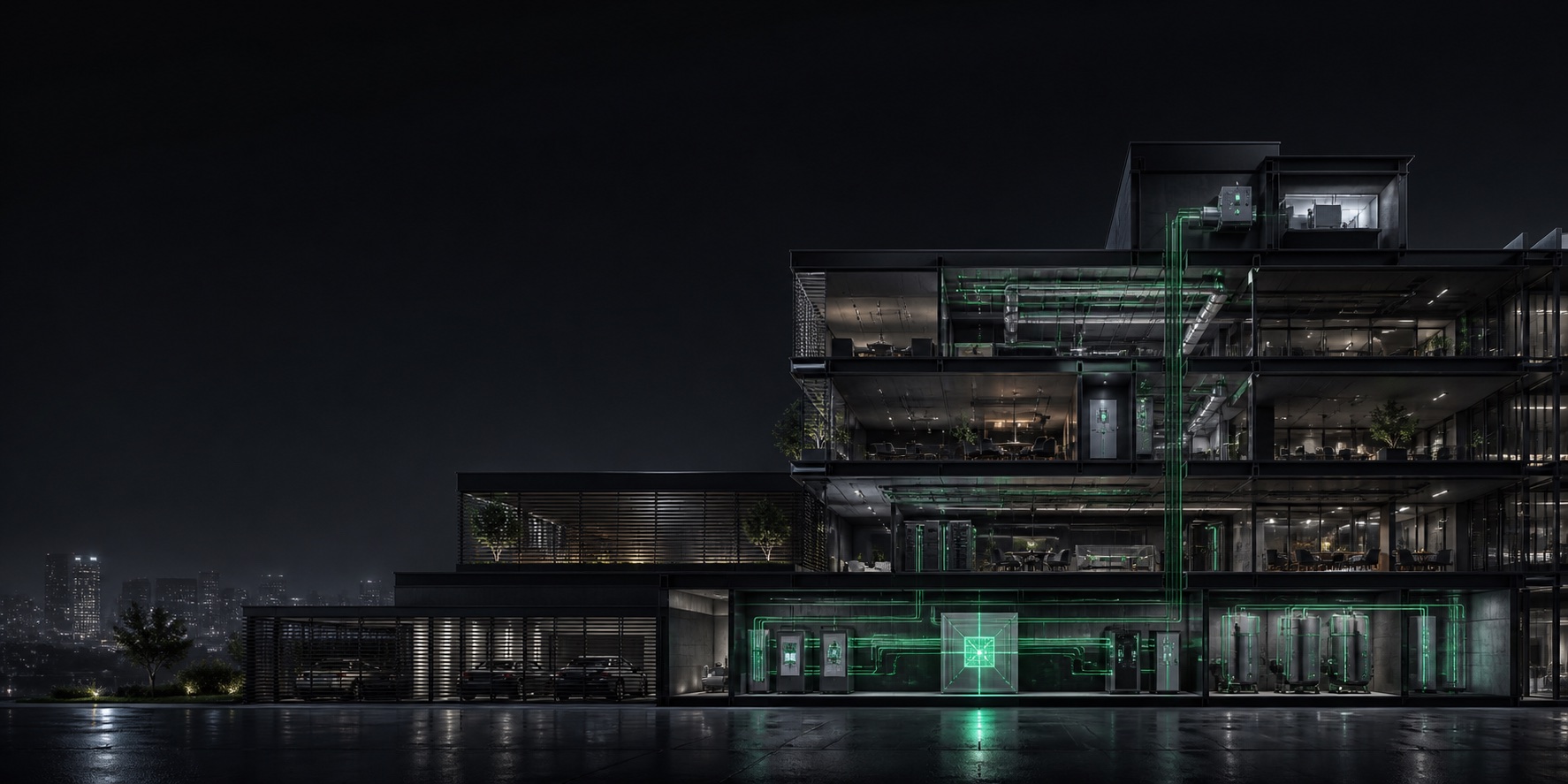 Cutaway of a connected building with energy and mechanical systems converging into a local intelligence layer