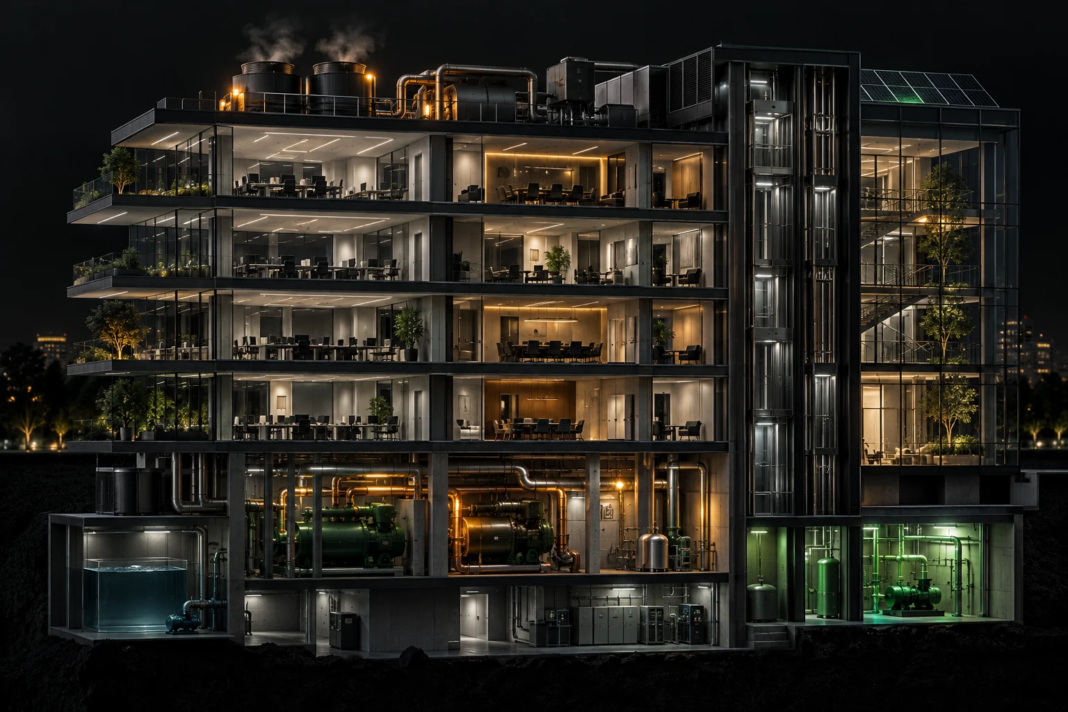 Architectural cutaway of a commercial office showing disconnected HVAC, lighting, energy, water and maintenance systems operating across the building