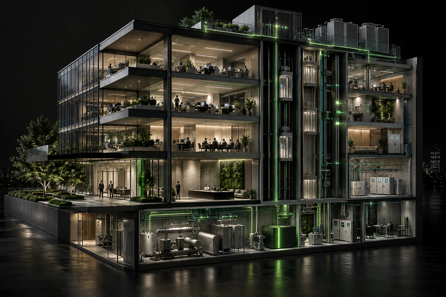 Architectural cutaway of an office with a unified green local intelligence layer coordinating energy, ventilation, lighting and occupancy systems