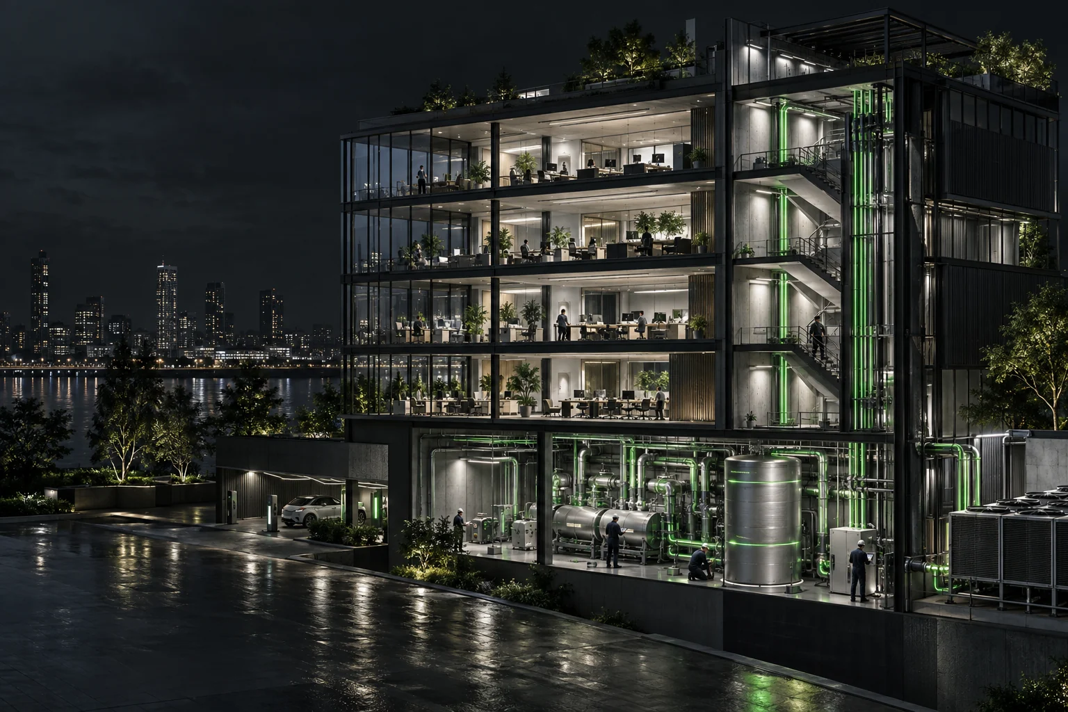 Commercial office and mechanical plant operating with coordinated green energy systems and technicians verifying equipment performance