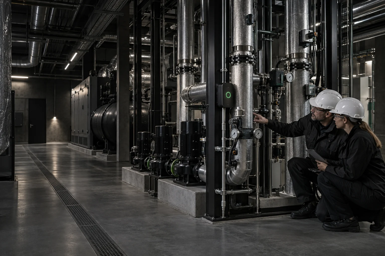 Building engineers verifying local intelligence equipment and calibrated mechanical systems during a controlled assessment