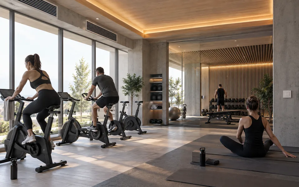 Future gym scenario: environmental coordination and chosen settings, not health monitoring.