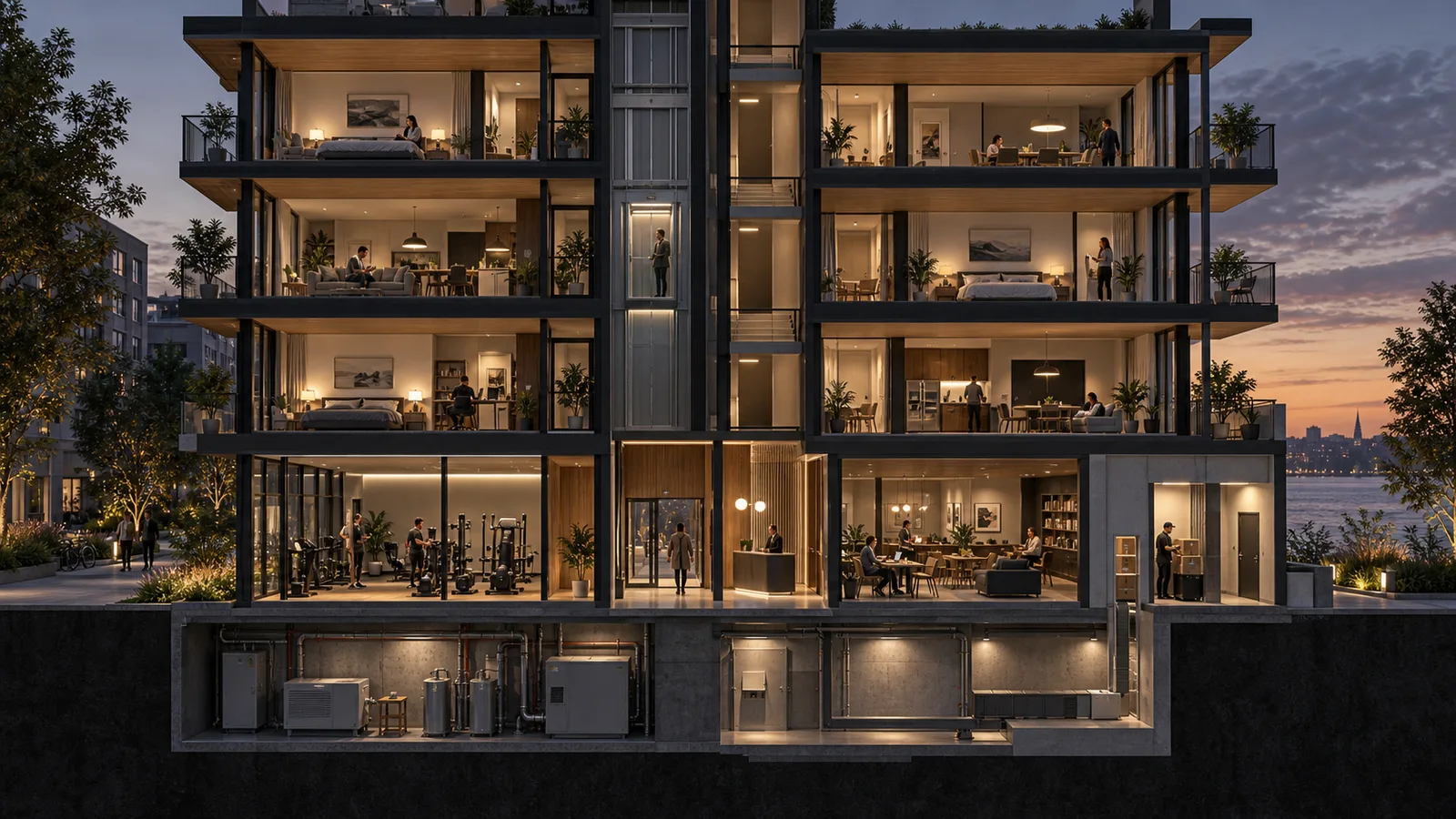 Future Nordic residential and mixed-use building cutaway with private apartments, shared amenities, lift core, parcel hand-off and building-services space.