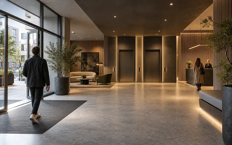 Lobby lighting, resident arrival, visitor routing and lift access are separate functions in this future scenario.