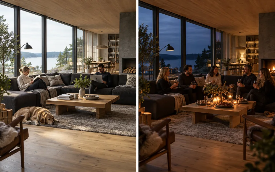 The same lounge in quiet daytime and approved social-event modes: a future architectural scenario.