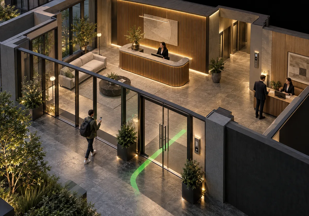 Architectural concept illustration. Entrance planning separates resident credentials, accessible manual alternatives and limited visitor routing.