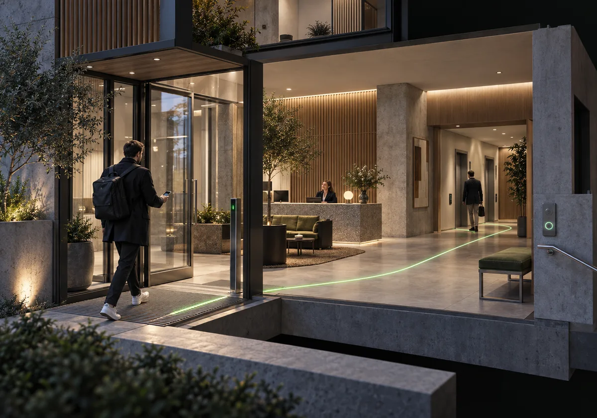 Architectural concept illustration. Resident arrival concept: a chosen credential reaches the entrance access system; entry requires permission checks and door safeguards.