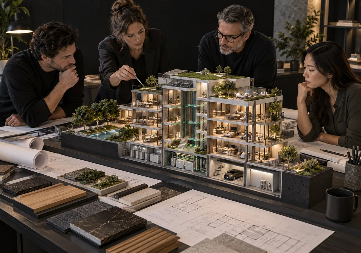 Architectural concept illustration. Distinct contributors: the developer defines experiences, the architect plans spaces, the systems engineer defines supported systems and the OR.BIT.Ai team defines local coordination; occupants, operators and safety specialists help validate.