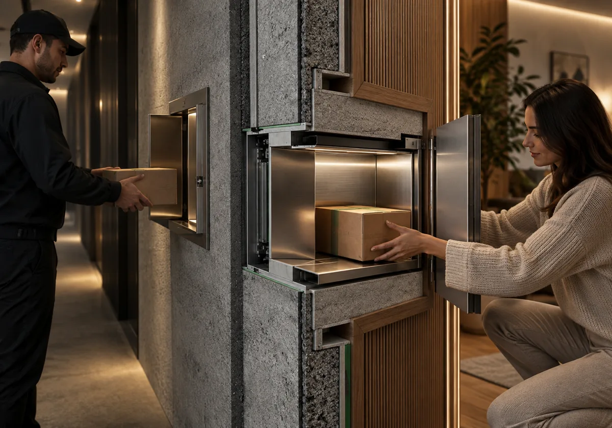 Architectural concept illustration. Proposed secure compartment between protected delivery route and resident retrieval side. Final in-unit or unit-level placement requires security, fire separation, space and maintenance review.