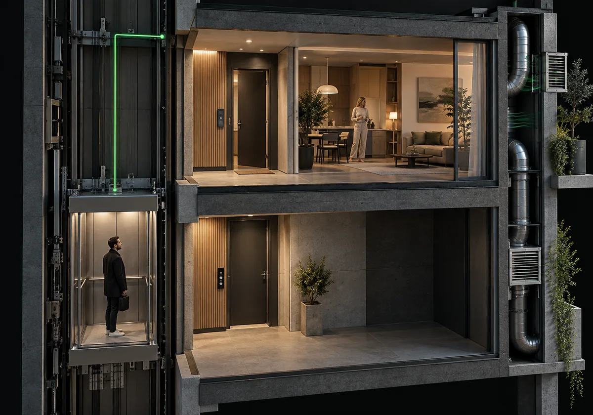 Architectural concept illustration. Elevator arrival concept: a confirmed authorised destination reaches a permitted floor, while the local unit may prepare approved lighting and climate.