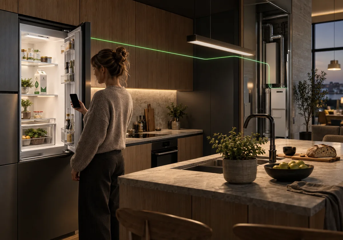 Architectural concept illustration. A supported fridge estimate reaches the local device, which checks private preferences, category, merchant and price permissions before a supported transaction.