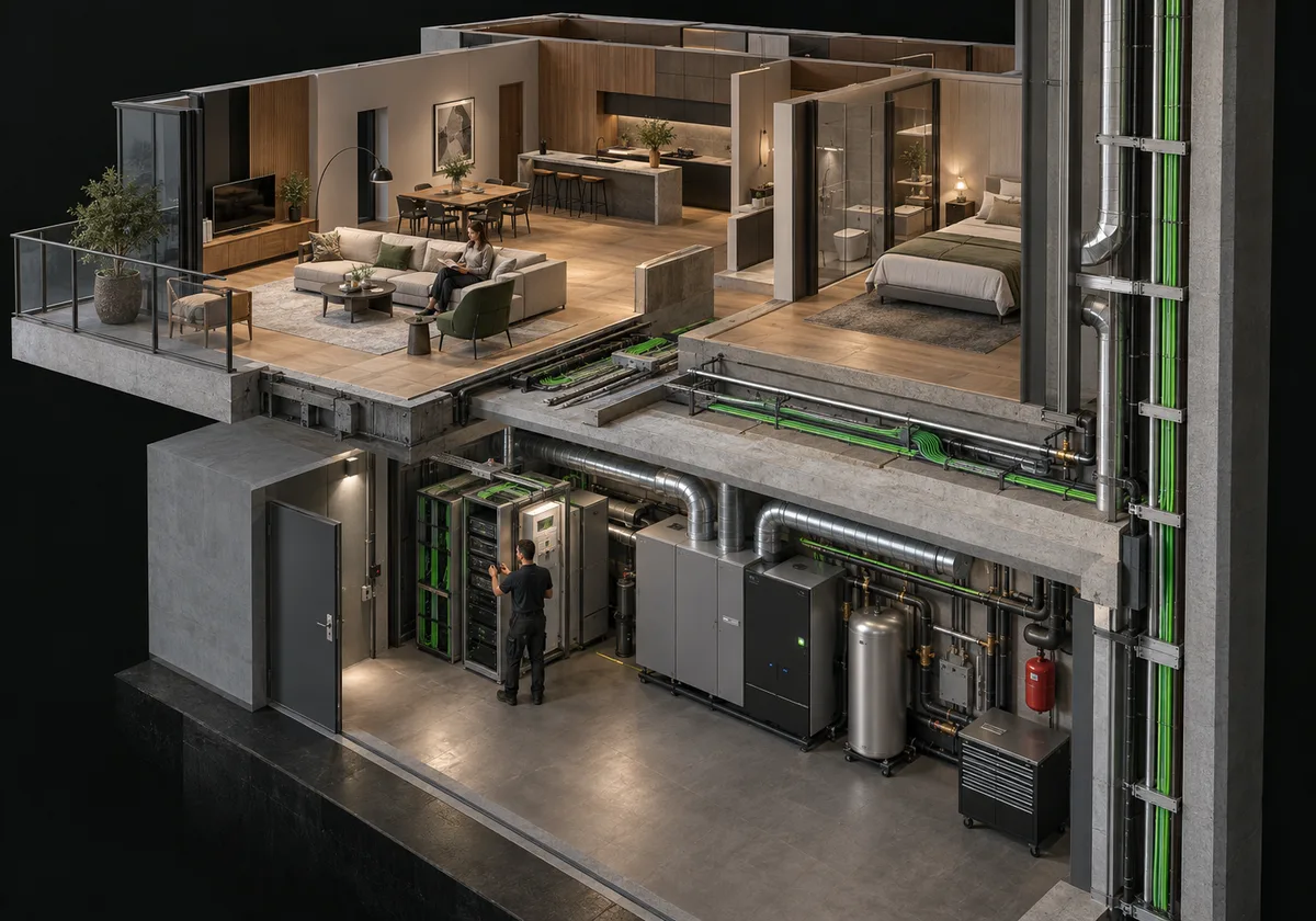 Architectural concept illustration. Service routes connect local equipment positions to shared infrastructure; final engineering determines capacity and resilience.
