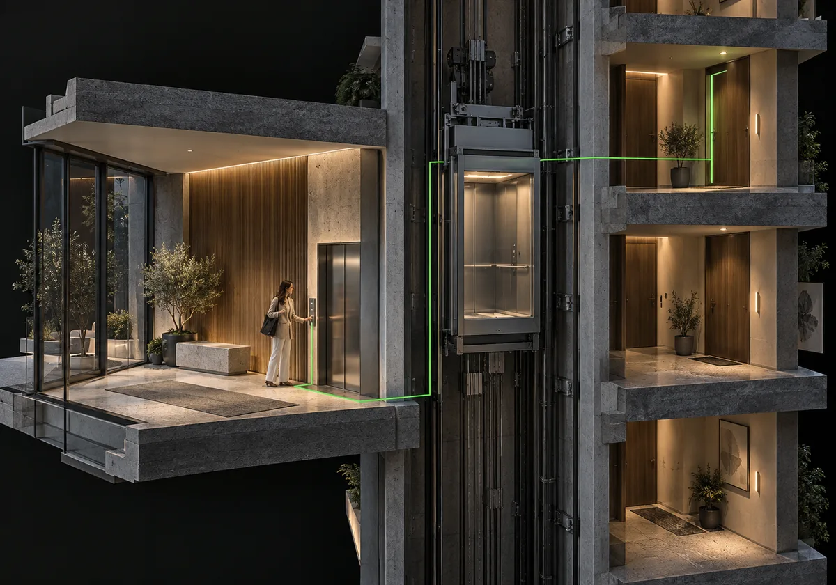 Architectural concept illustration. Only an authorised floor request reaches a supported lift; manufacturer safeguards remain independent.