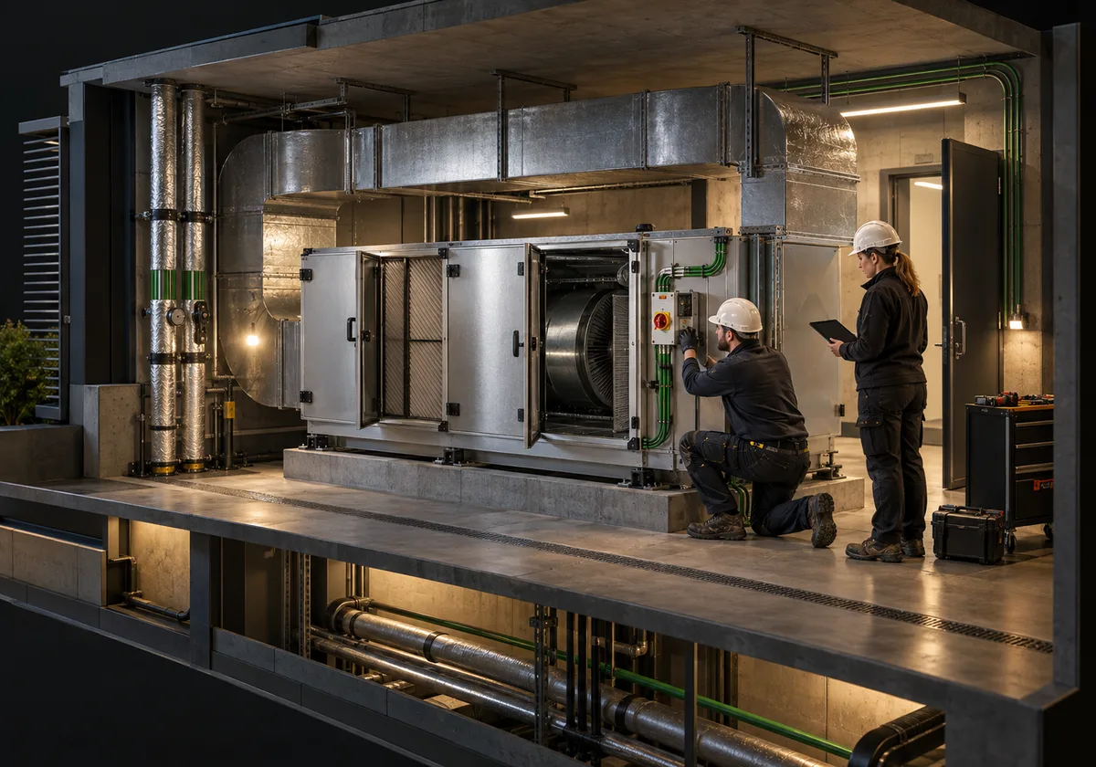 Building engineers inspecting a premium air-handling plant with green local control infrastructure