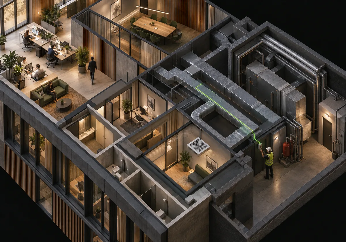 High-end commercial building cutaway connecting occupied workplaces to mechanical operations and a technician