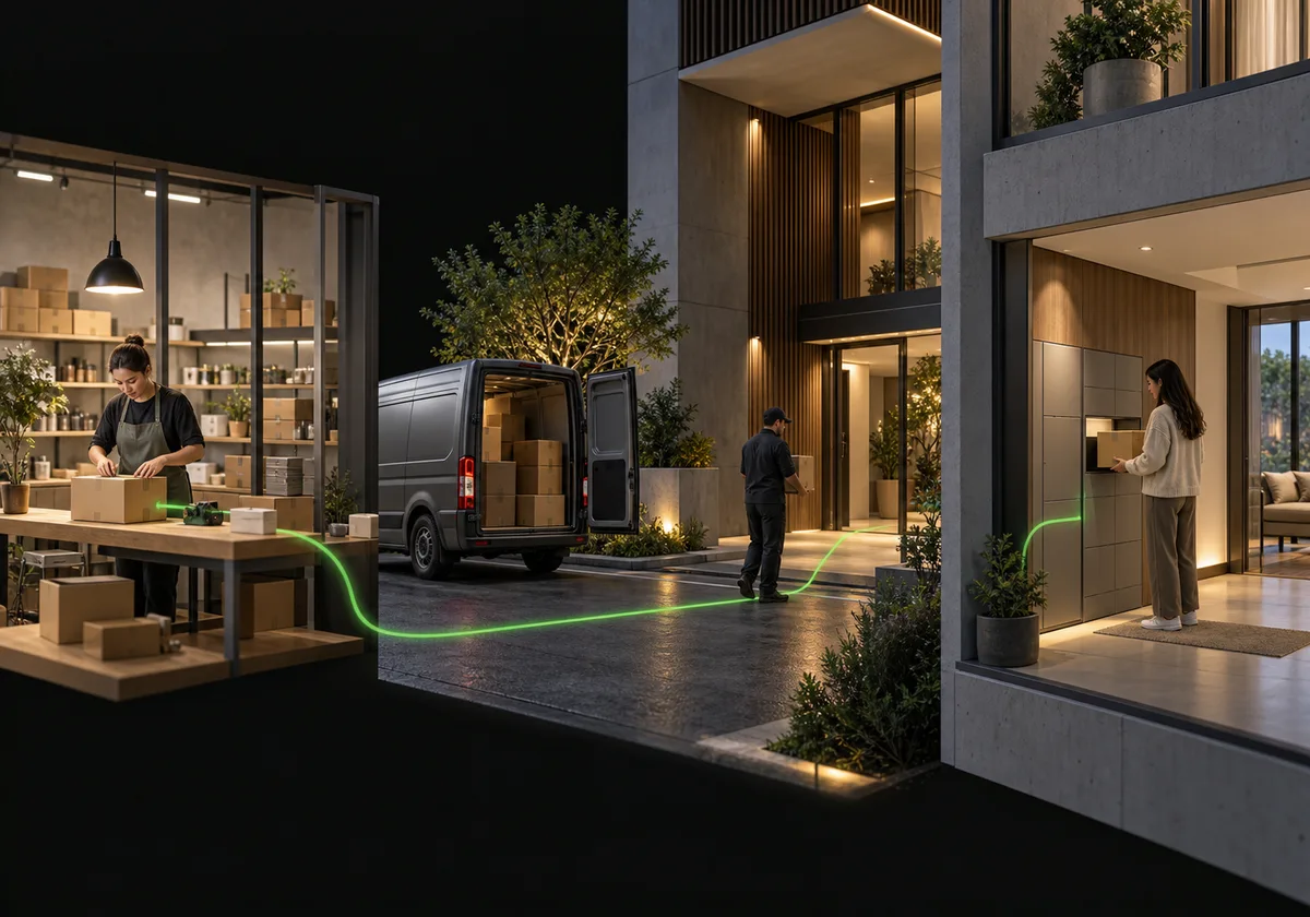 Architectural concept illustration. Payment provider confirmation, merchant-confirmed order placement, carrier-reported in-transit status and compartment-confirmed delivery are distinct results.