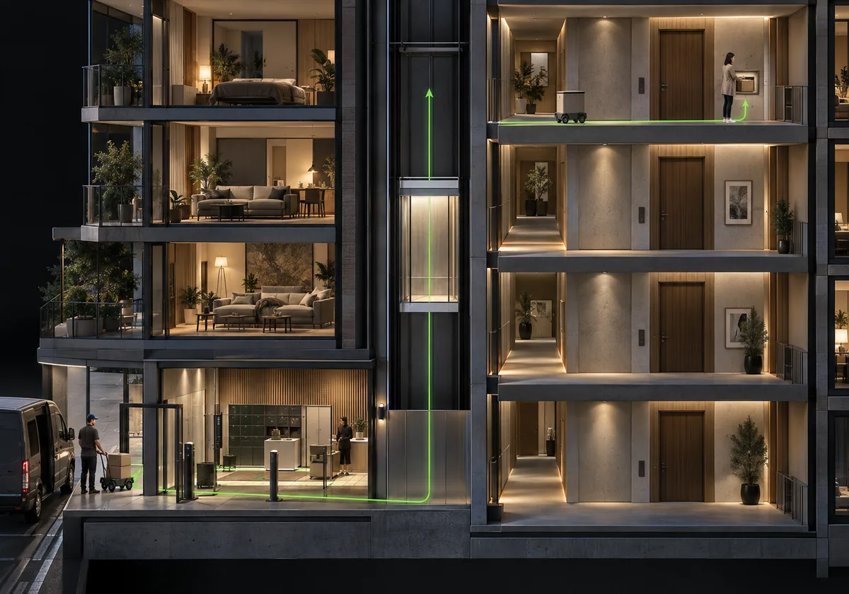 Architectural concept illustration. Proposed parcel journey from secure courier hand-off along a protected transport route and supported lift to a unit-level delivery compartment.