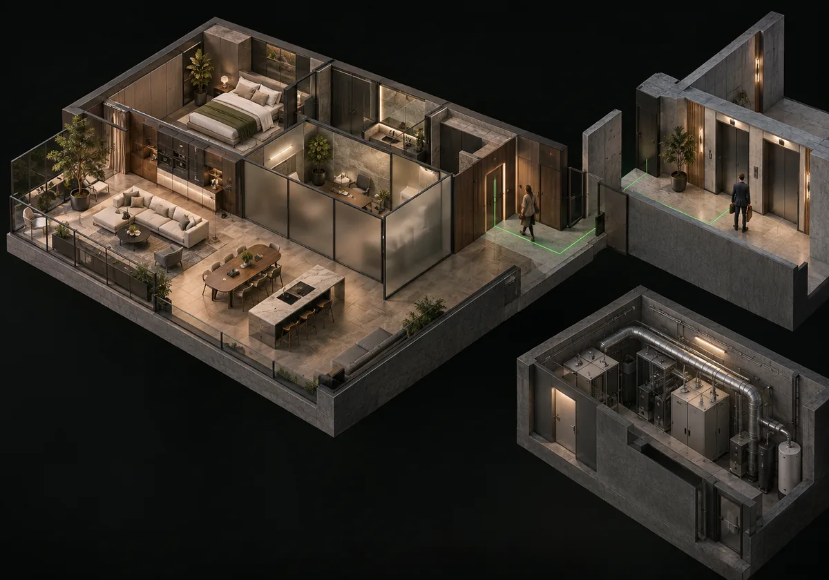 Architectural concept illustration. A residence requests a specific permitted building destination. Preferences stay local; Enterprise receives the necessary request, and the supported lift checks safeguards and reports feedback.