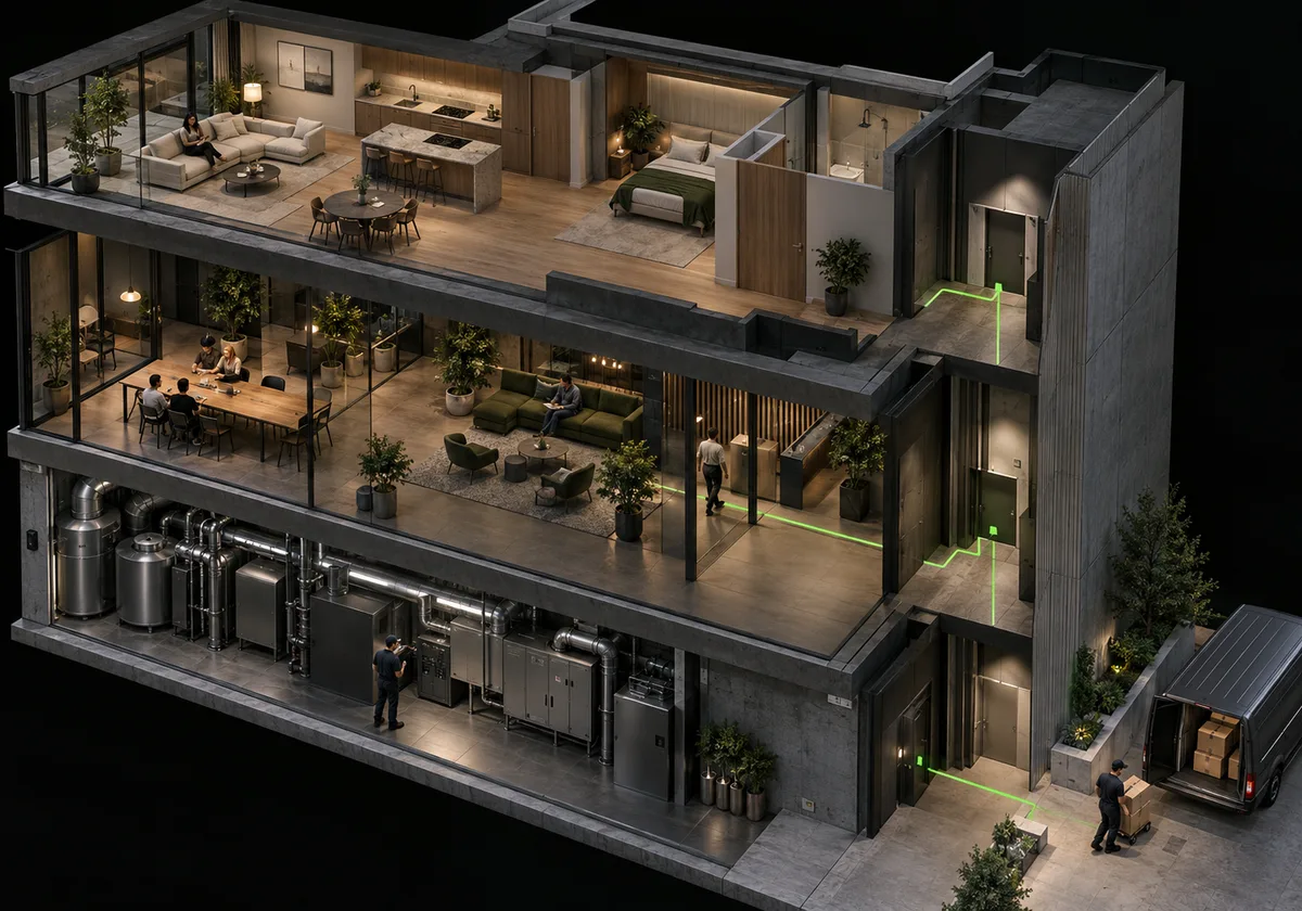 Architectural concept illustration. Privacy boundary: private apartment patterns remain local; amenities and Enterprise exchange bounded building requests; optional external delivery receives only an explicitly authorised transaction.