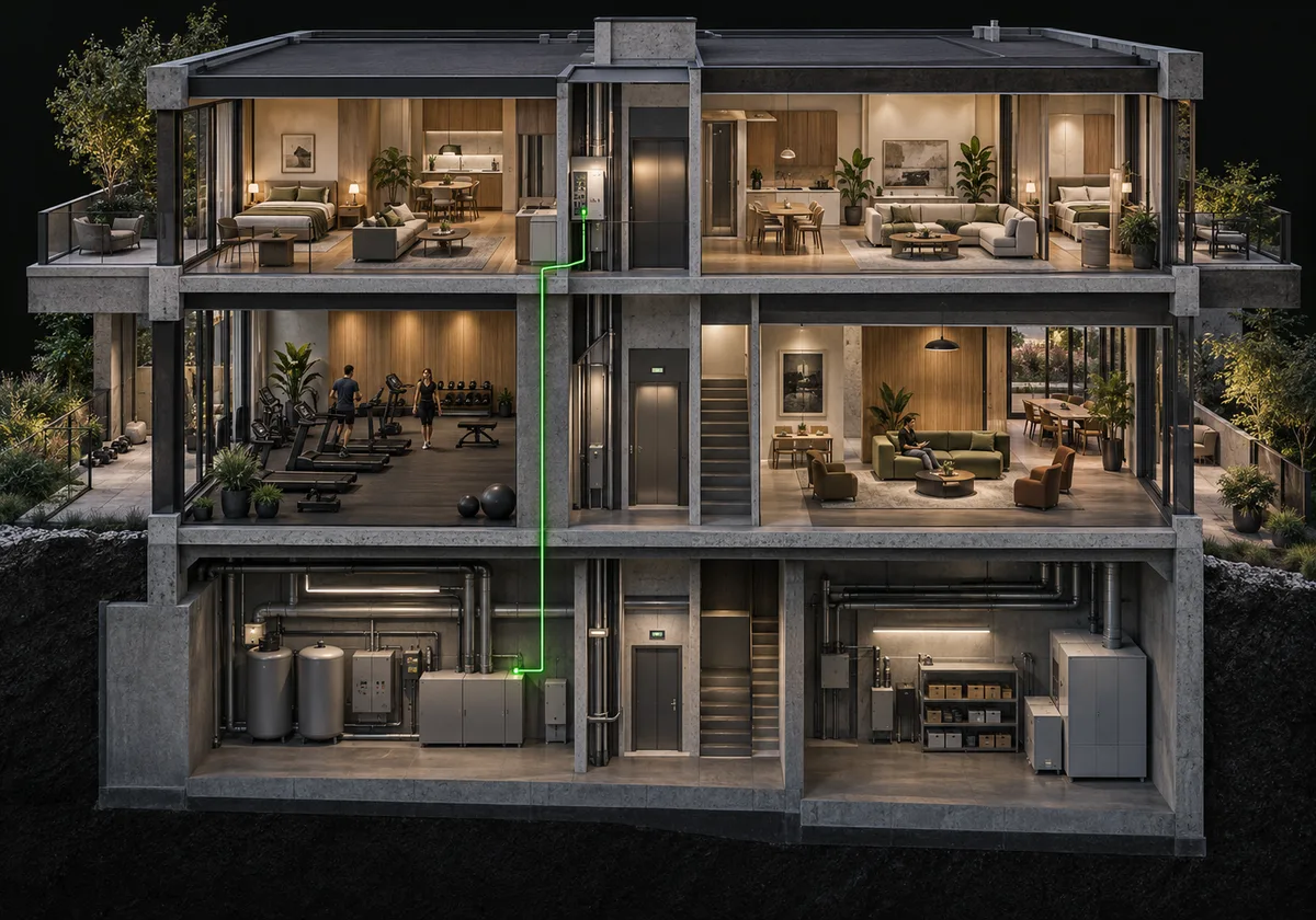 Architectural concept illustration. Proposed placement: Base or Pro in residences, appropriate local amenity configurations and one or more Enterprise configurations for shared building coordination.