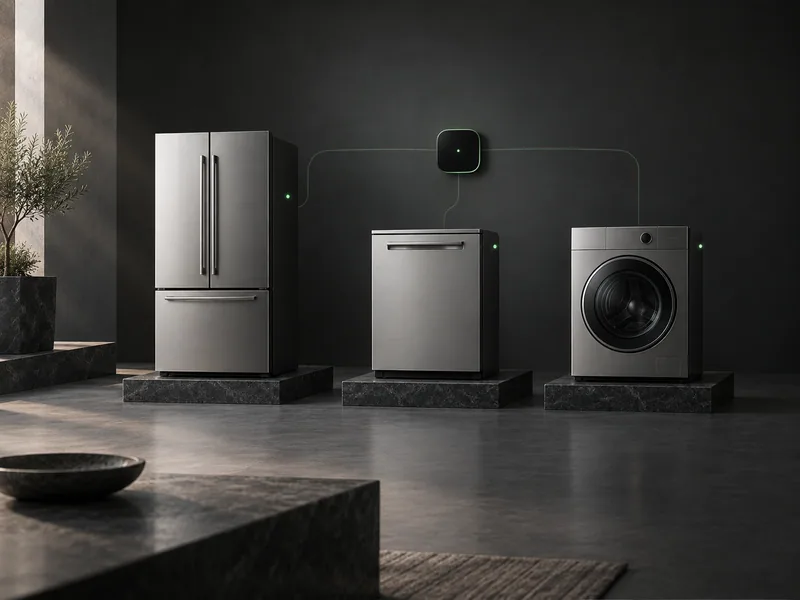 Concept illustration of a refrigerator, washer and dishwasher with simple non-text status markers