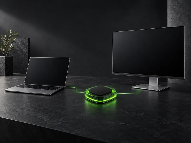 Concept illustration of a laptop and monitor with a permitted connection to the OR.BIT.Ai Base reference design