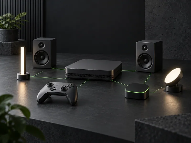 Concept illustration of a generic console, controller, lights and speakers