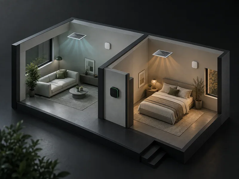 Concept illustration of climate zones, ventilation equipment and environmental sensors