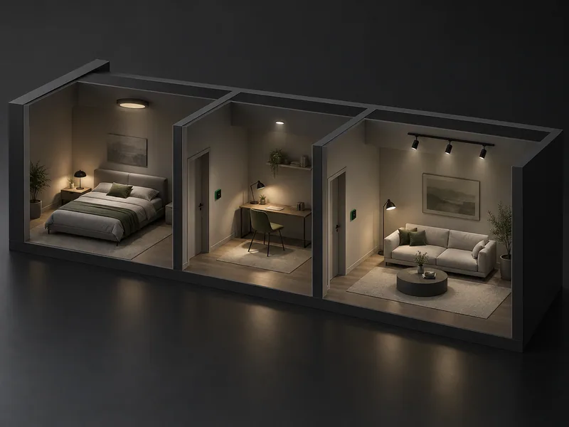 Concept illustration of permitted light groups across three rooms