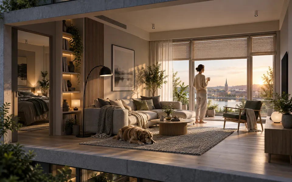 Morning interior with warm lighting, open shades and supported climate equipment.