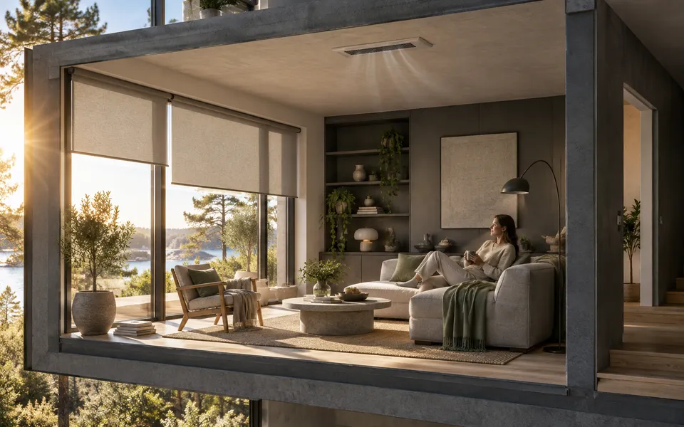 Sunlight reaching a room, with a clear relationship between shades, temperature and climate response.
