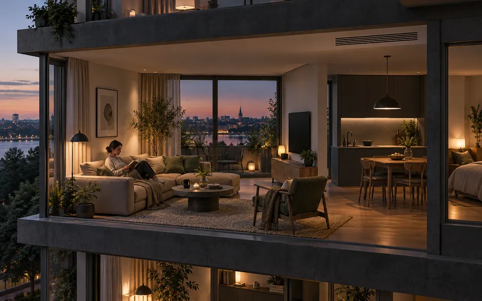 A lived-in home shifting into an evening setting, with several systems changing together.