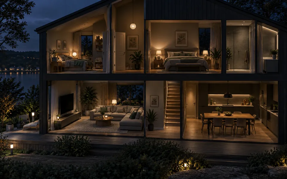 A home at night showing permitted lights and entertainment systems changing state.