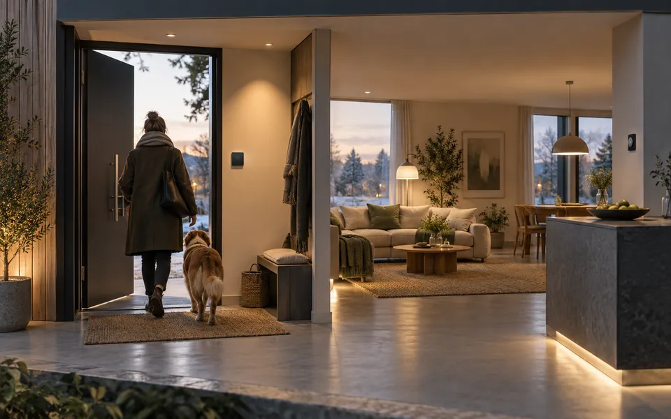 An arrival at a real-looking home, showing only the supported systems responding.