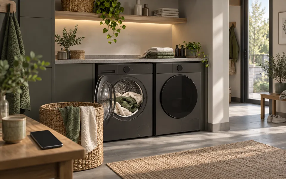 A utility space with a completed laundry cycle and a clear reminder, without implying unrestricted appliance control.
