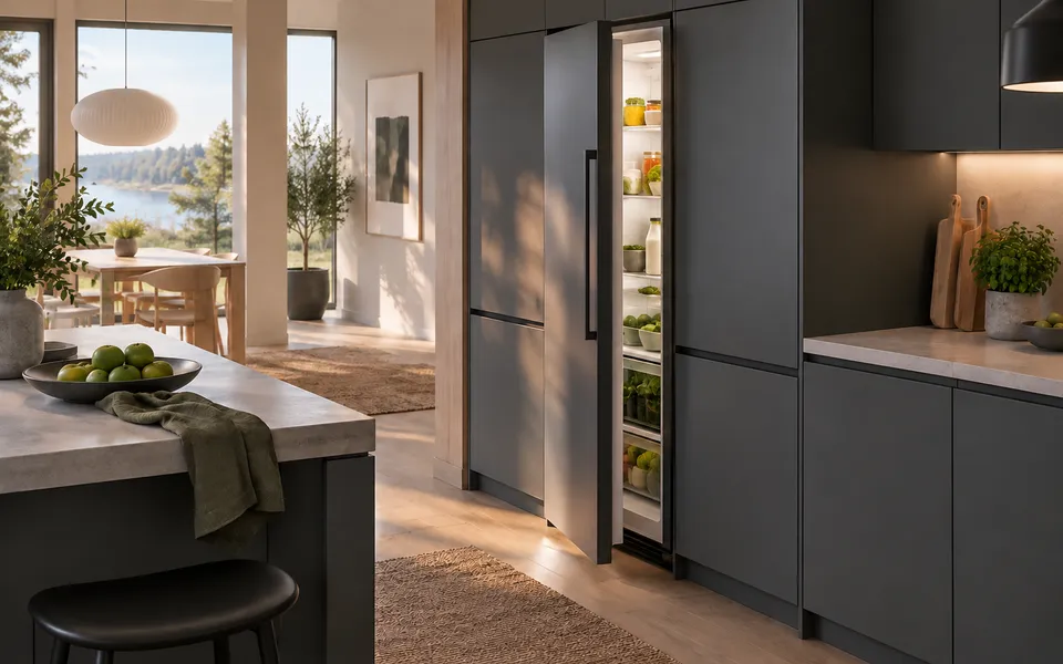 A kitchen scene with a slightly open refrigerator door and a simple, understandable status alert.