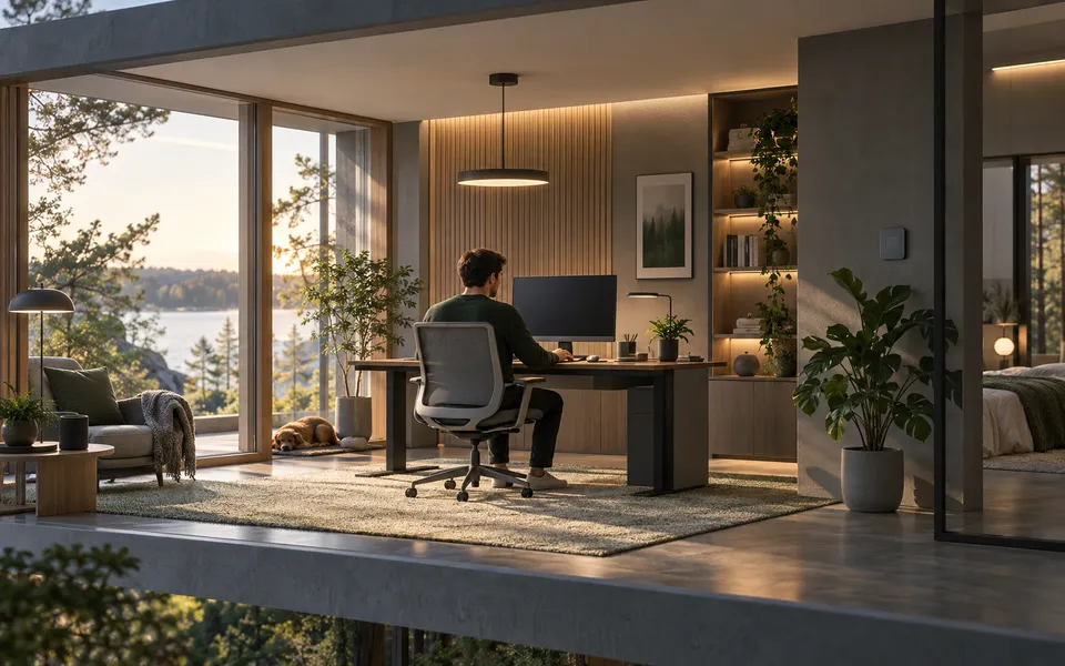 A realistic desk with a PC or laptop and surrounding systems responding to a selected focus mode.