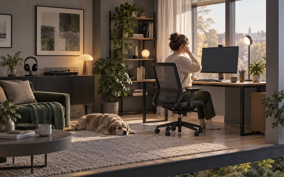 A video-call workspace with lighting and sound coordinated around the person.