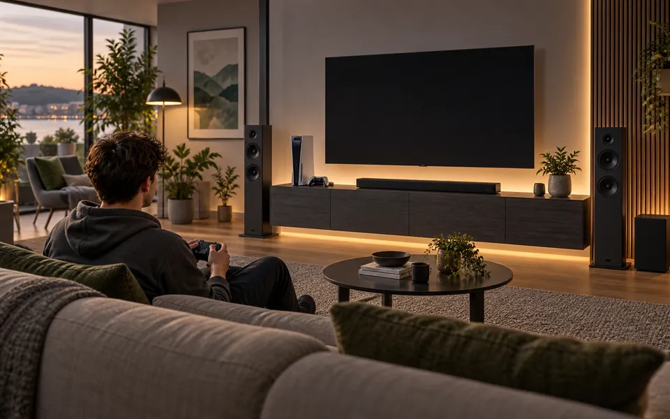 A console, display, lights and speakers in a realistic entertainment space.