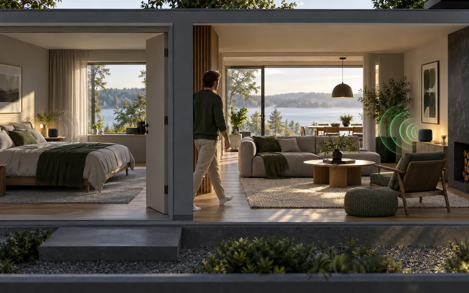 Two connected rooms with the active audio zone changing clearly.