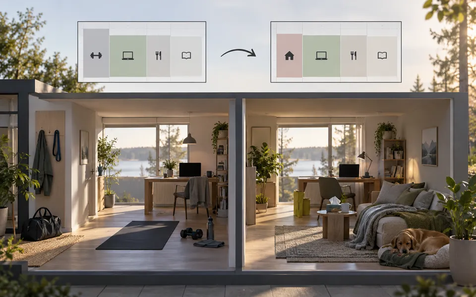 A simple before-and-after view of a changed plan and the resulting adjustment to a space.