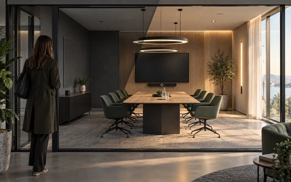 A meeting room moving from standby to a prepared state, with systems visibly coordinated.