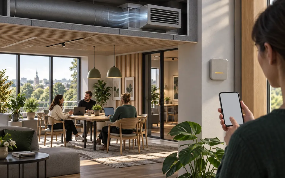 An occupied shared space with a simple environmental reading and supported ventilation response.