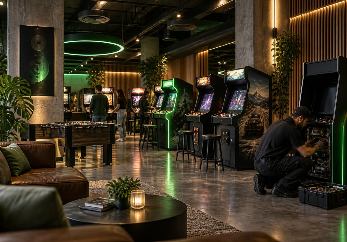 Arcade with varied gaming cabinets, controlled ambiance and a technician attending one inactive cabinet.