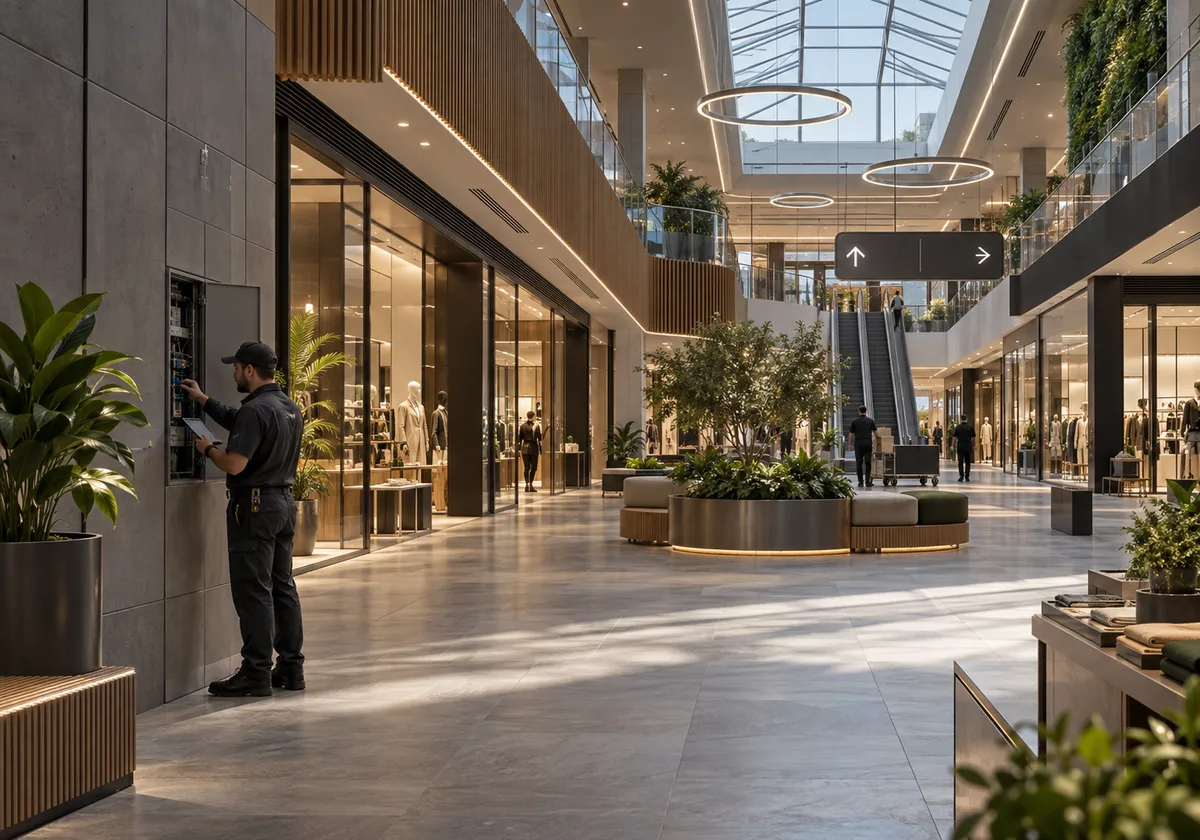 Retail concourse with skylight, ceiling systems, wayfinding display and a facilities operator inspecting equipment.