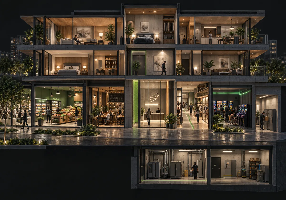 Mixed-use cutaway showing residences, grocery, restaurant, retail concourse, arcade, lobby, secure logistics and separate shared service room.