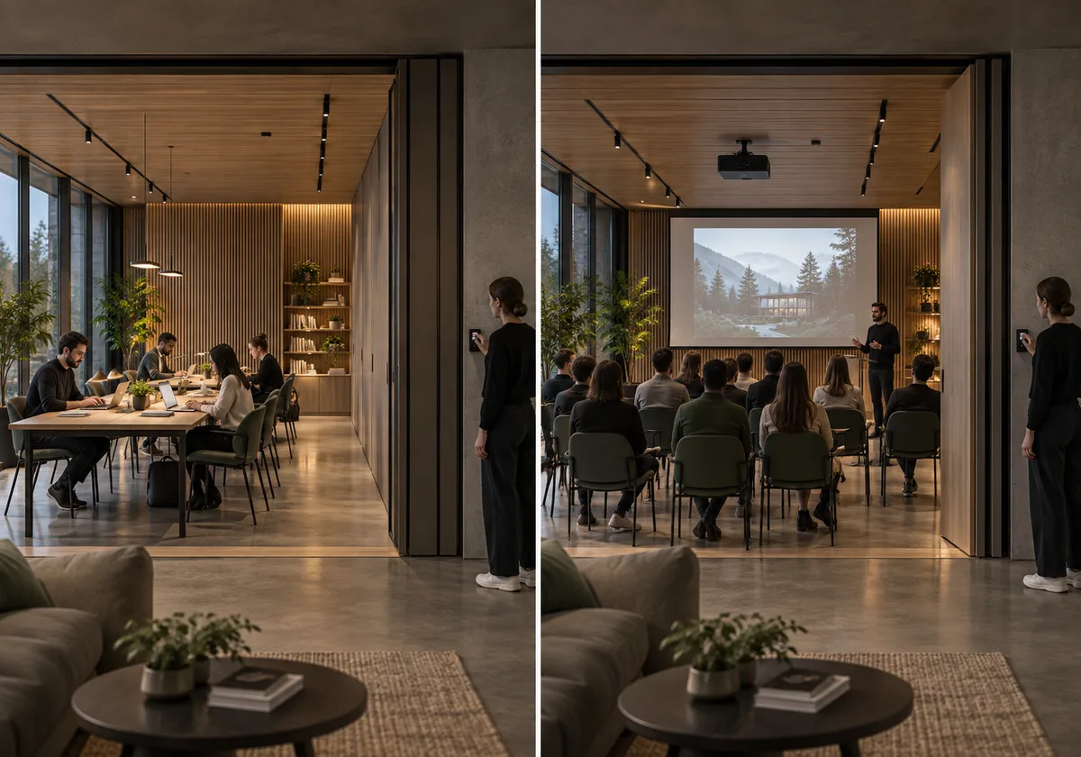 The same flexible room configured for working tables and event seating with operator-selected settings.