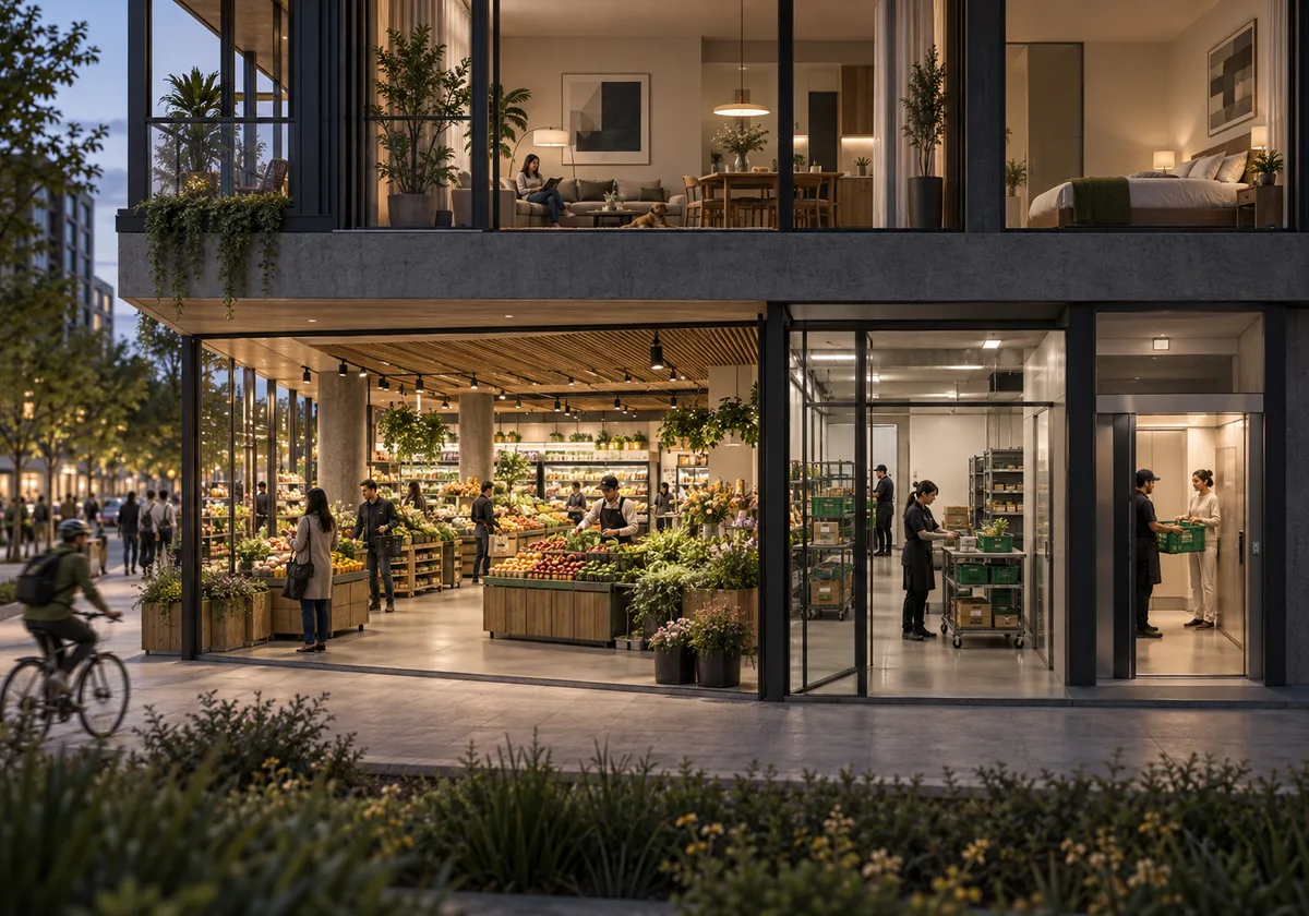 Grocery store beneath residences with separate staff fulfilment and secure internal hand-off.